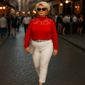 Polo Neck Lace Neckline Long Sleeve Top