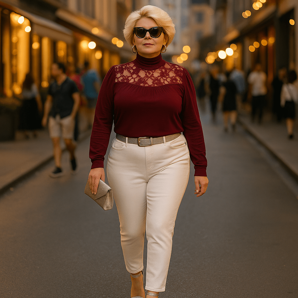 Polo Neck Lace Neckline Long Sleeve Top