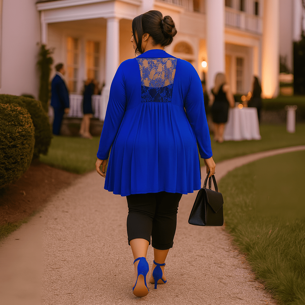 Long Length Open Front Cardigan with Lace Panel