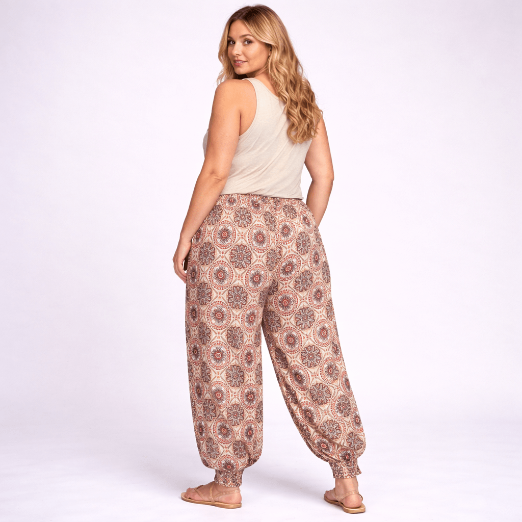 Stone Wine Tile Print High Waist Harem Pants