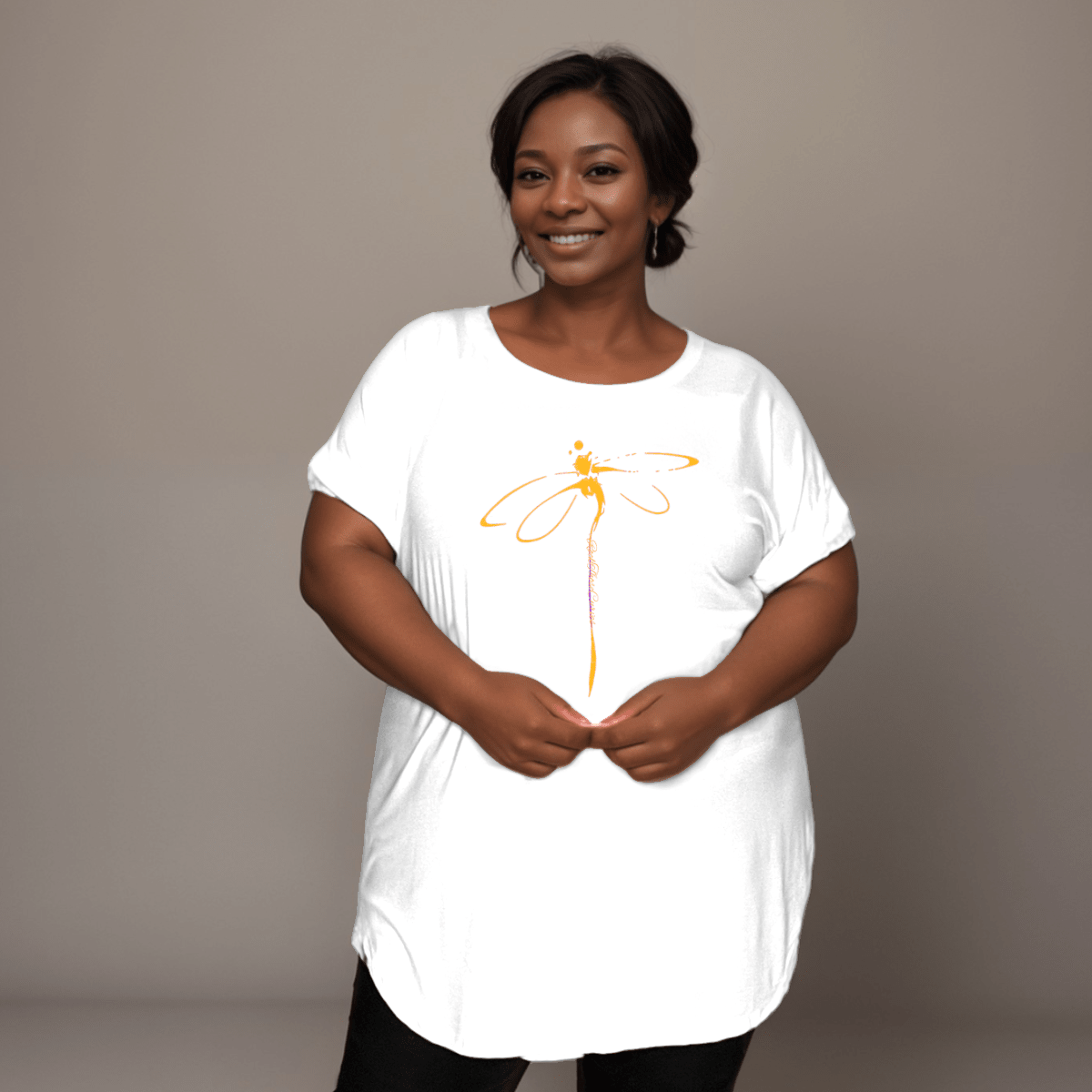 Plus‑Size Coloured Dragonfly Short Sleeve Dipped Hem T‑Shirt