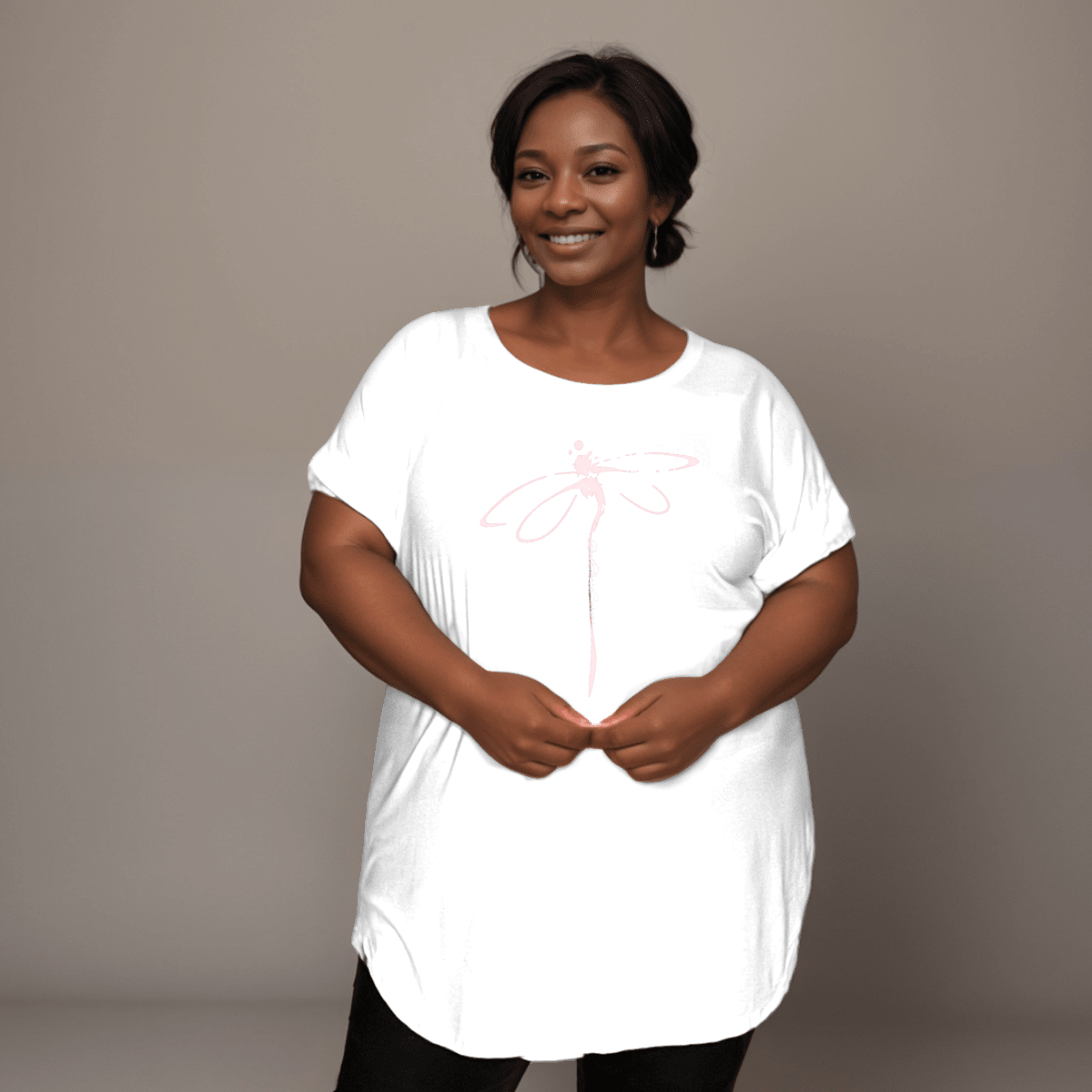 Plus‑Size Coloured Dragonfly Short Sleeve Dipped Hem T‑Shirt