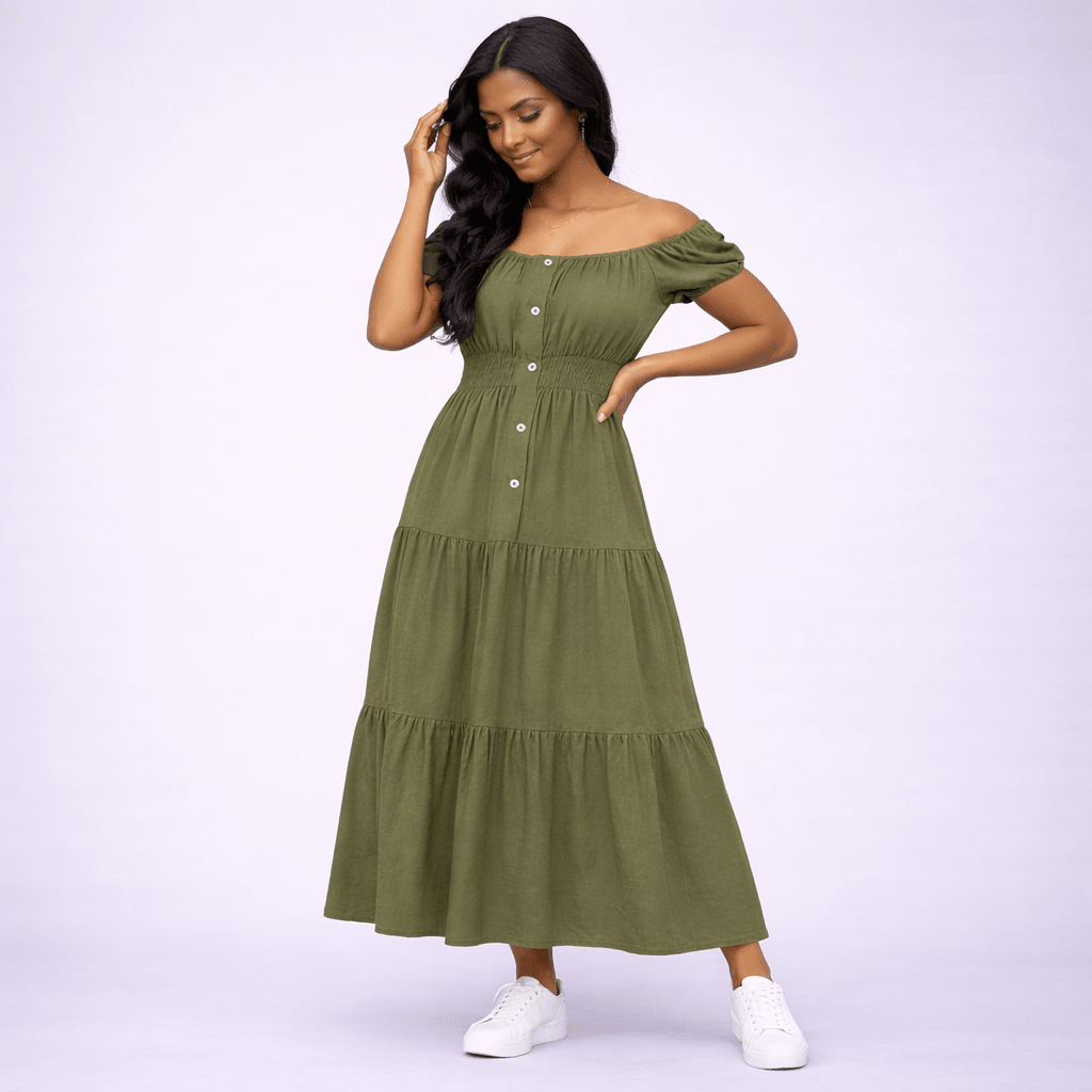 Off Shoulder Elastic Waist Gypsy Style Maxi Dress
