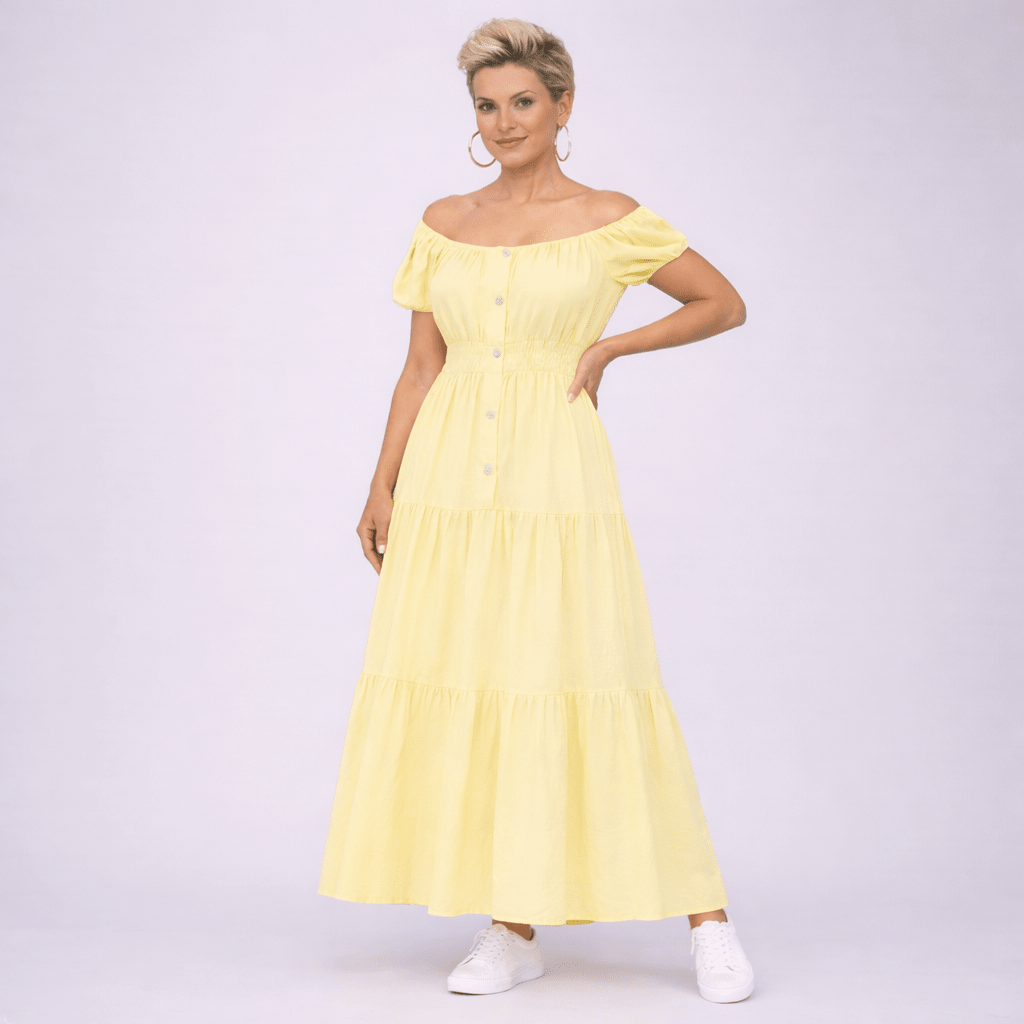 Off Shoulder Elastic Waist Gypsy Style Maxi Dress