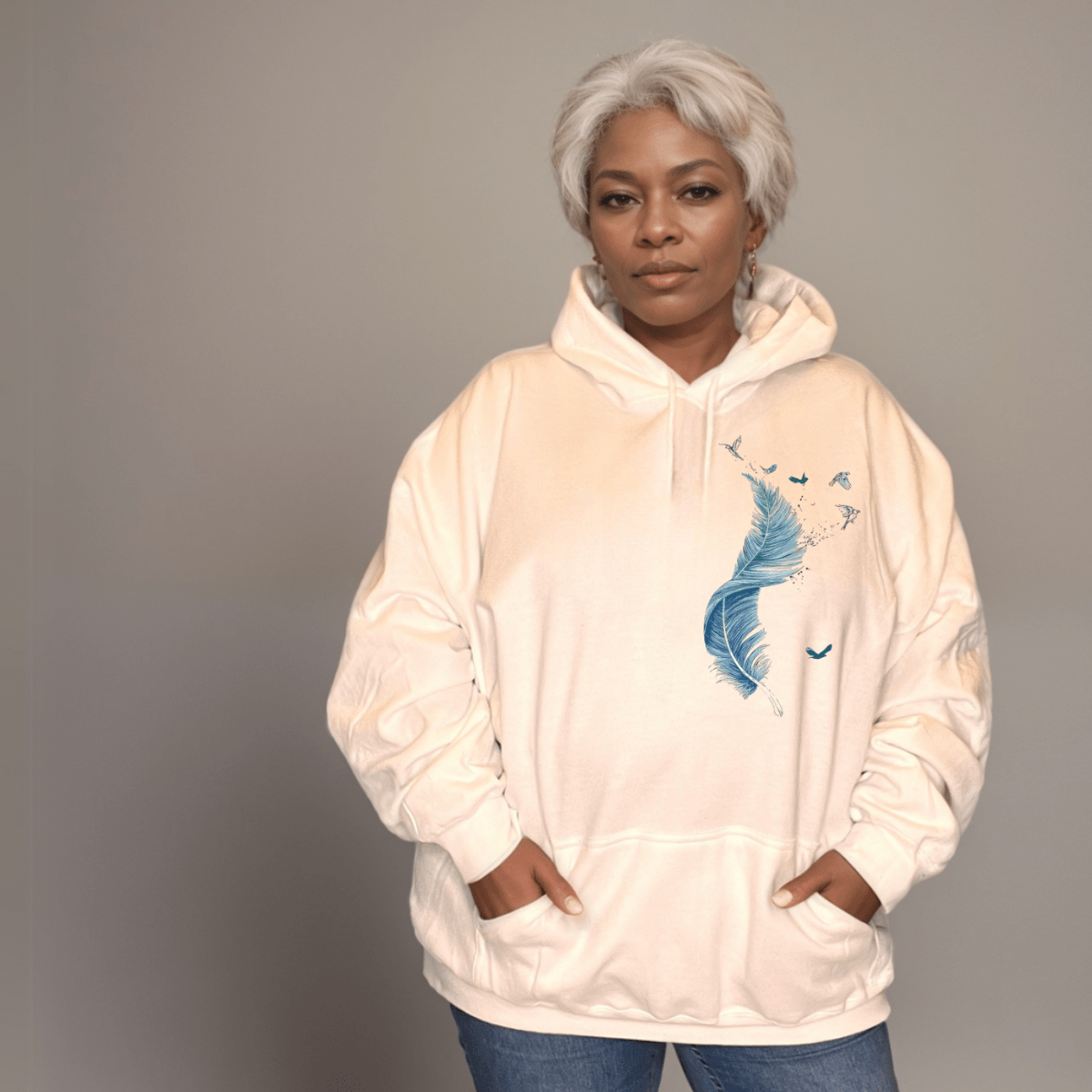 Cotton Hoodie Blue Feather Graphic