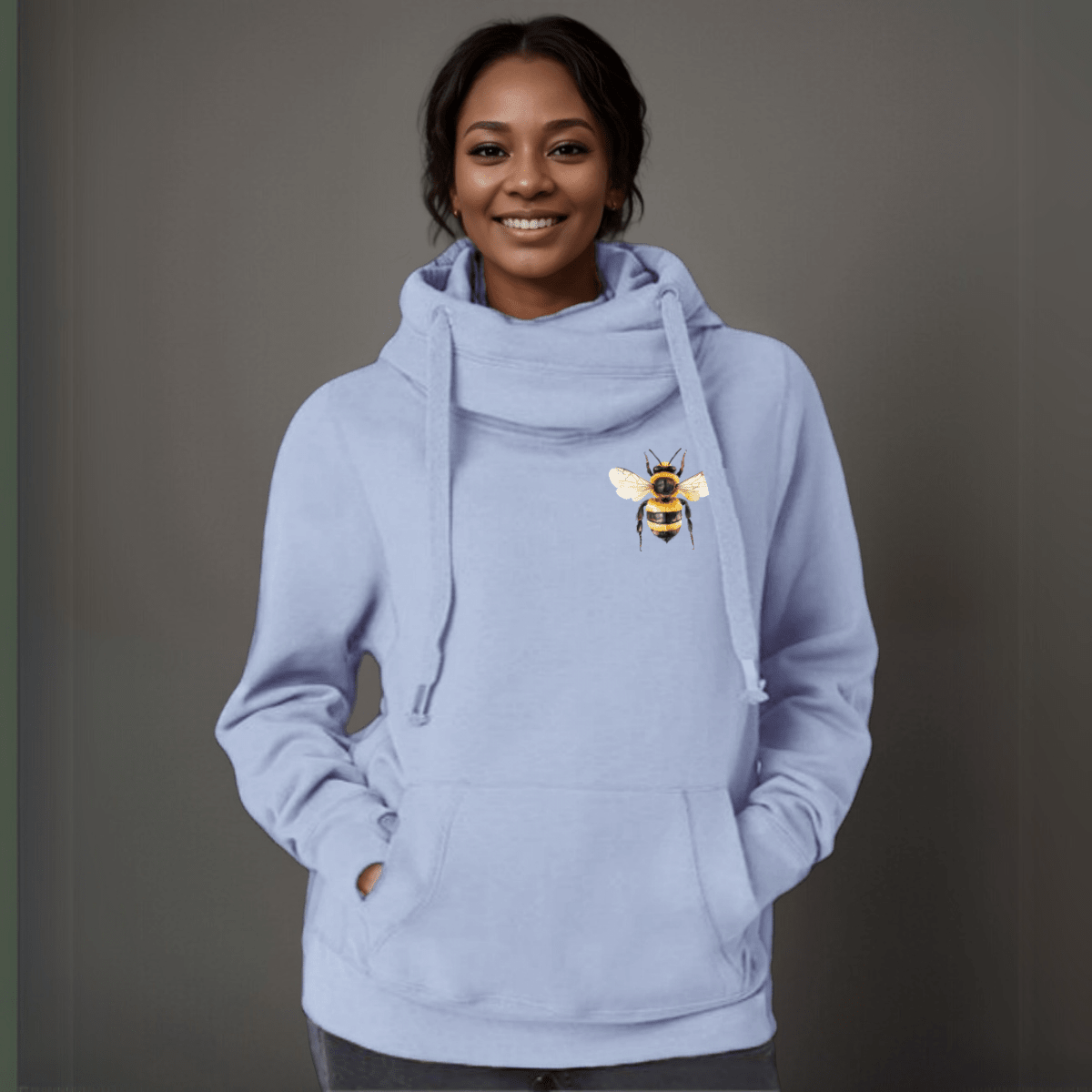 Plus-Size Cowl-Neck Cotton Hoodie with Bee Print
