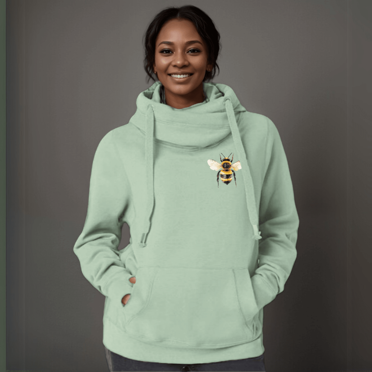Plus-Size Cowl-Neck Cotton Hoodie with Bee Print