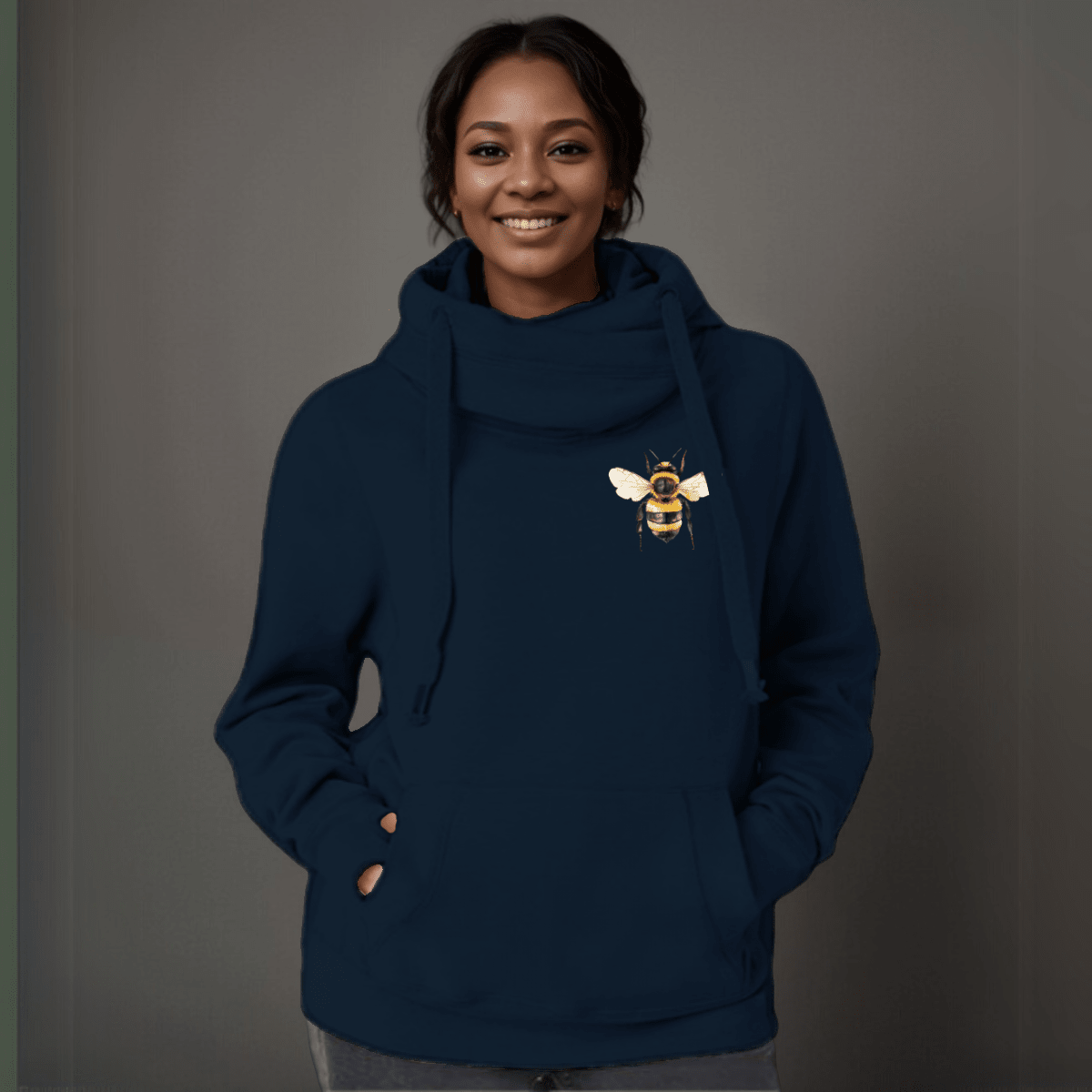 Plus-Size Cowl-Neck Cotton Hoodie with Bee Print