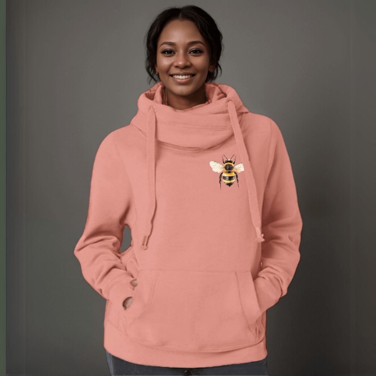 Plus-Size Cowl-Neck Cotton Hoodie with Bee Print