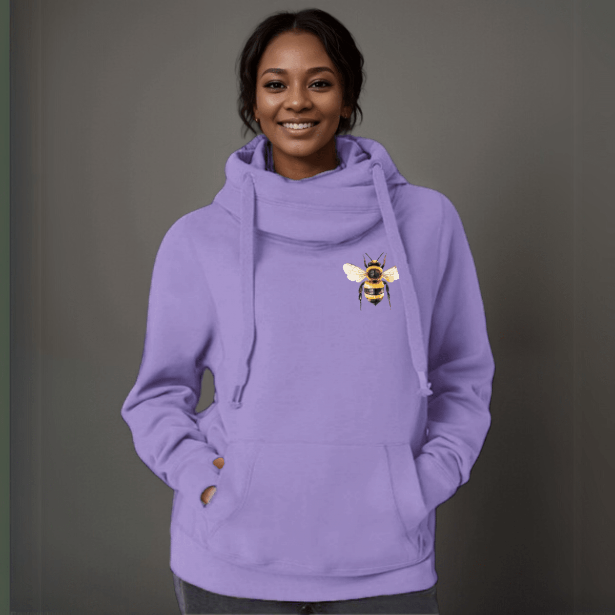 Plus-Size Cowl-Neck Cotton Hoodie with Bee Print