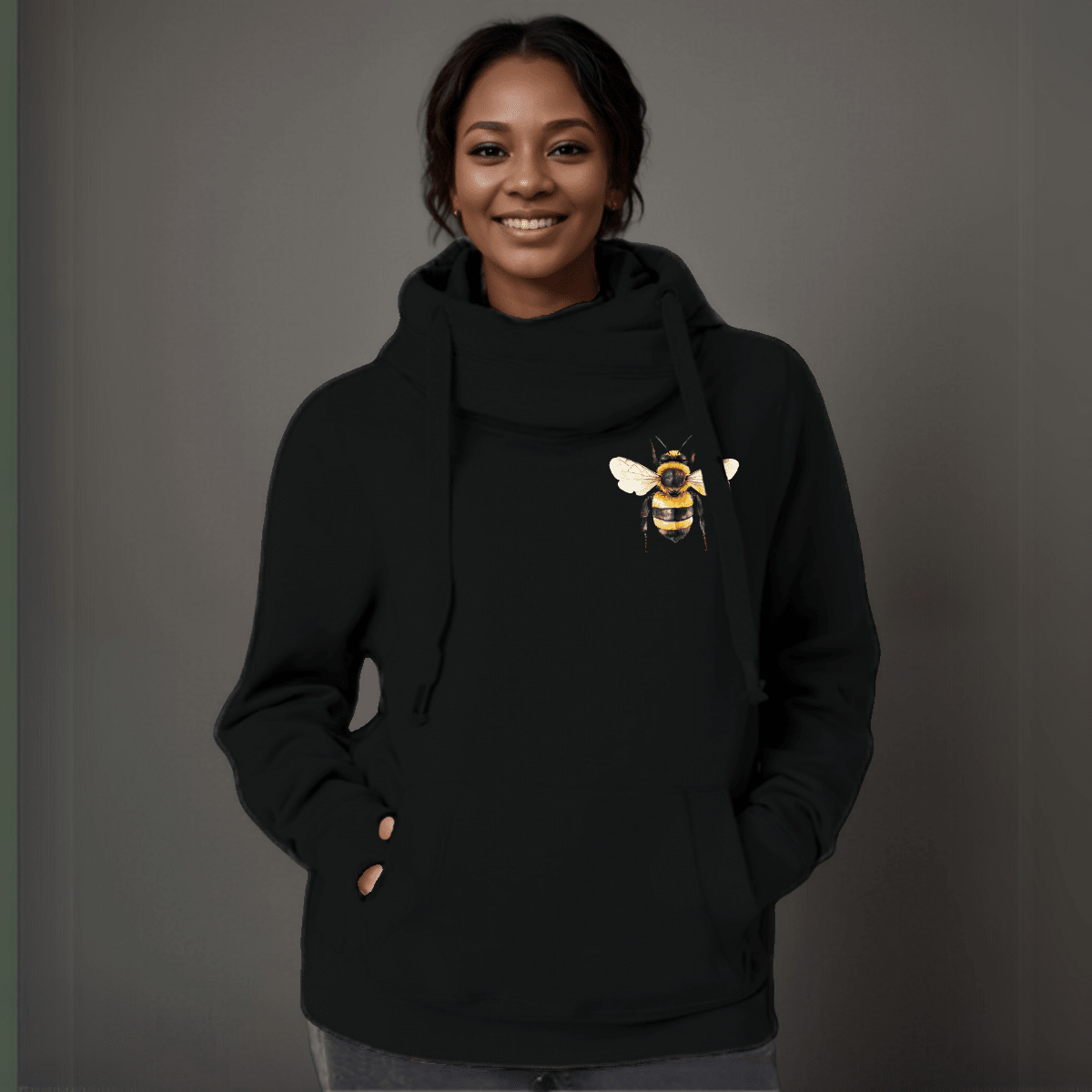 Plus-Size Cowl-Neck Cotton Hoodie with Bee Print