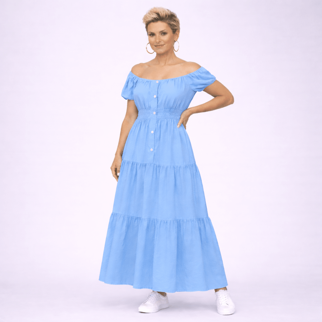 Off Shoulder Elastic Waist Gypsy Style Maxi Dress