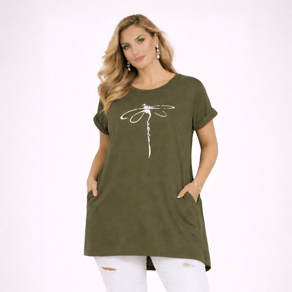 Dragonfly Long Dipped Hem T-Shirt with Pockets