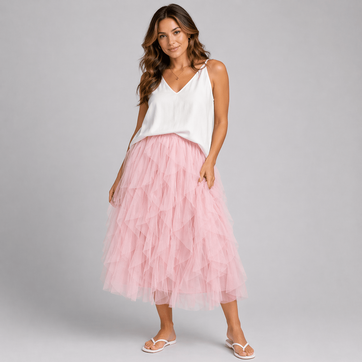 Net Layered and Ruffled Maxi Tulle Skirt