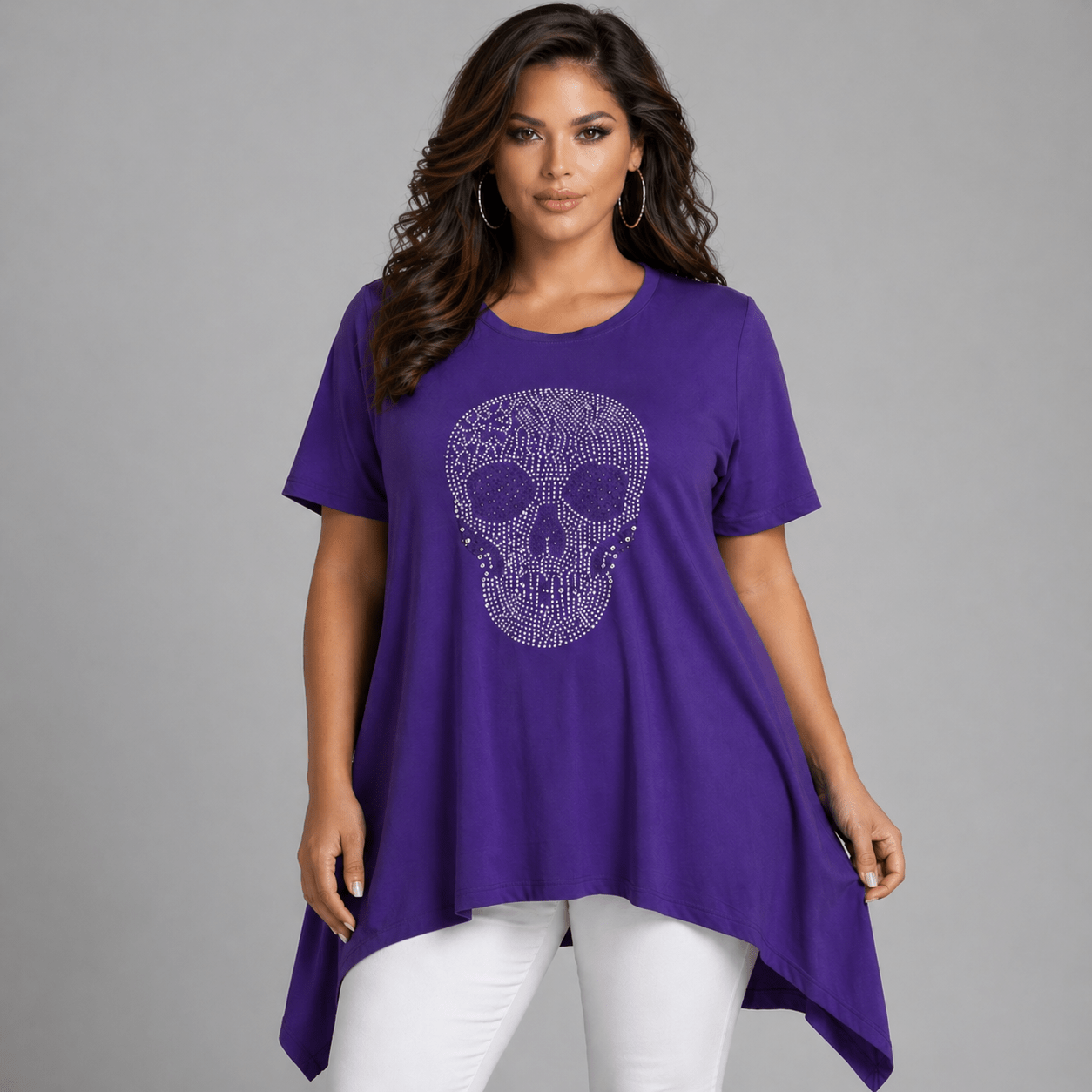 Short Sleeve Hanky Hem Studded Skull Long Length Top