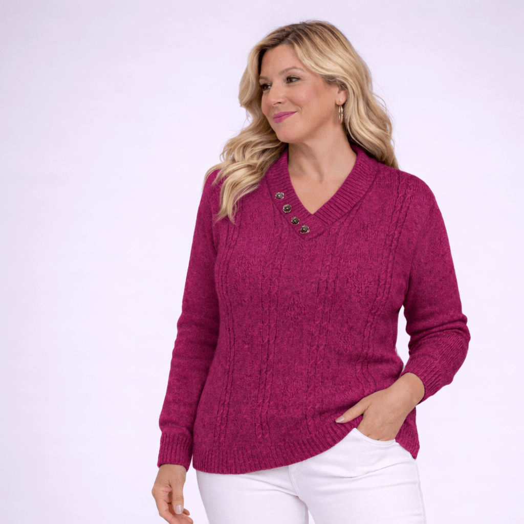 Button V Neck Cable Knit Jumper