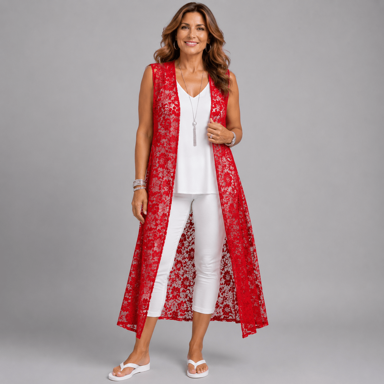 Sleeveless Lace Open Front Duster Jacket