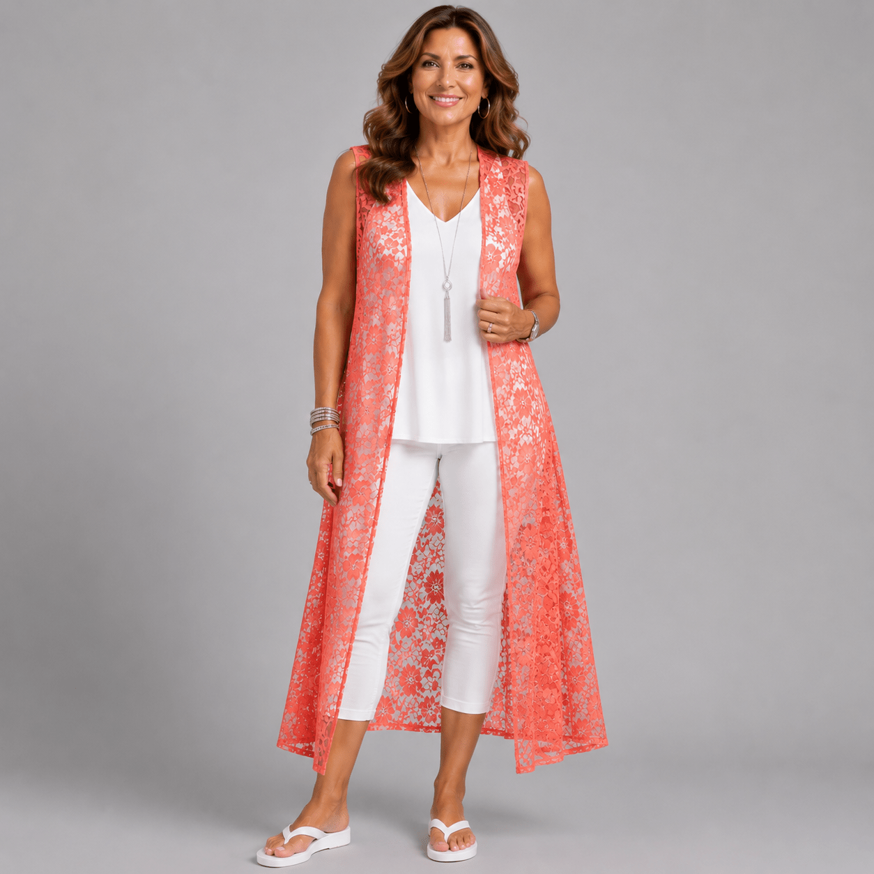 Sleeveless Lace Open Front Duster Jacket