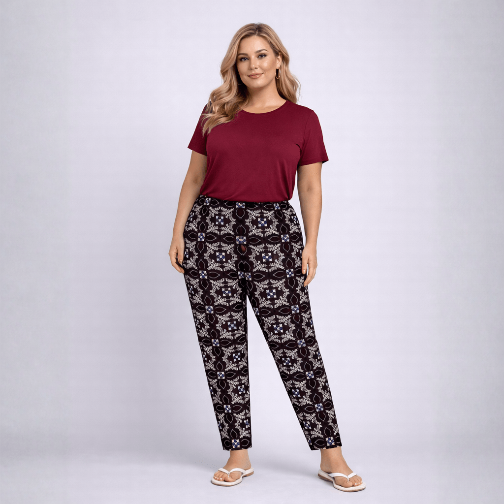 Tile Print Elastic Waist Trousers