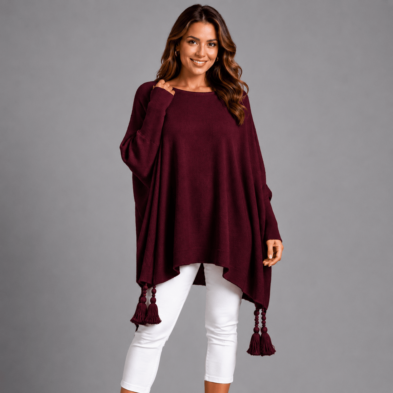 Slash Neck Oversized Jumper with Tassel Detail