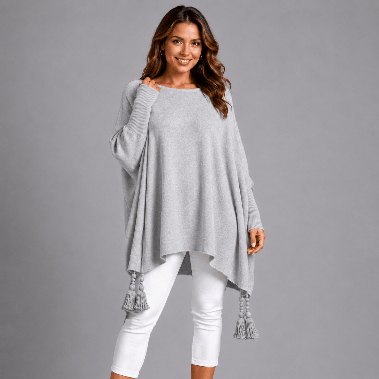 Slash Neck Oversized Jumper with Tassel Detail