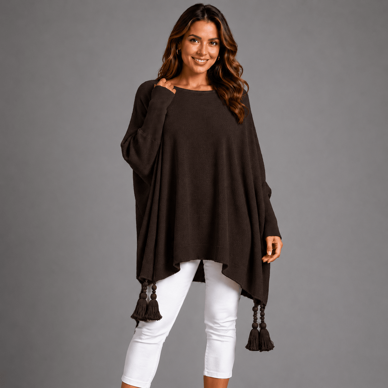 Slash Neck Oversized Jumper with Tassel Detail