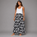 Black White Large Flowers Elastic Waist Maxi Skirt