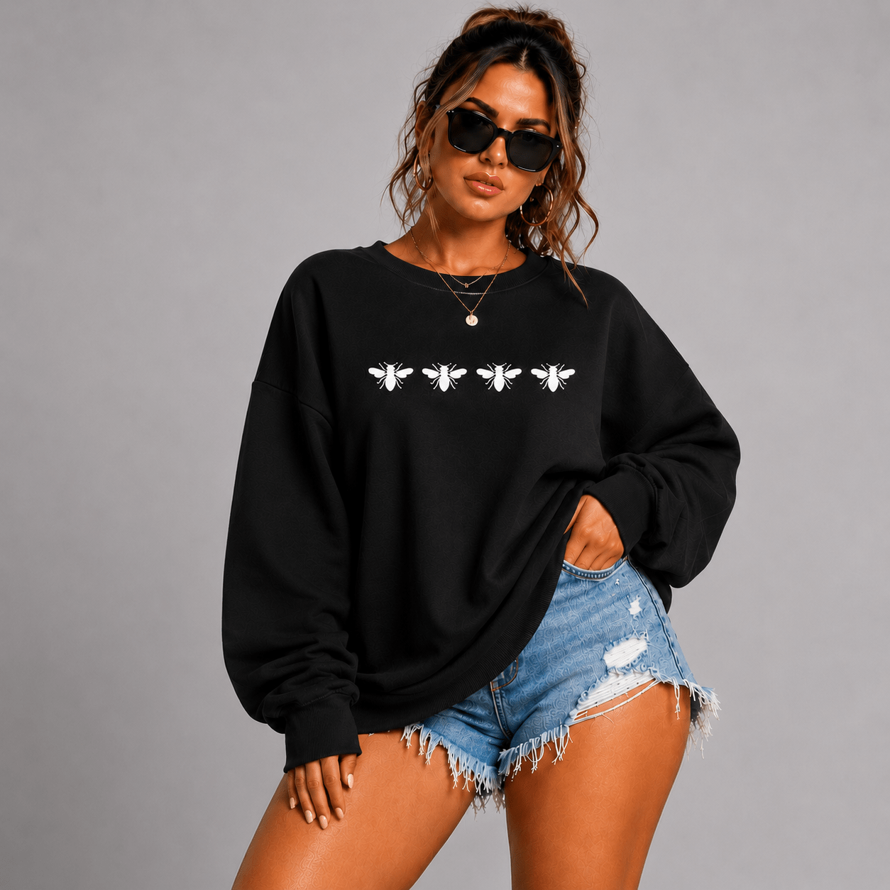 Cotton Sweatshirt with 4 White Bees Detail