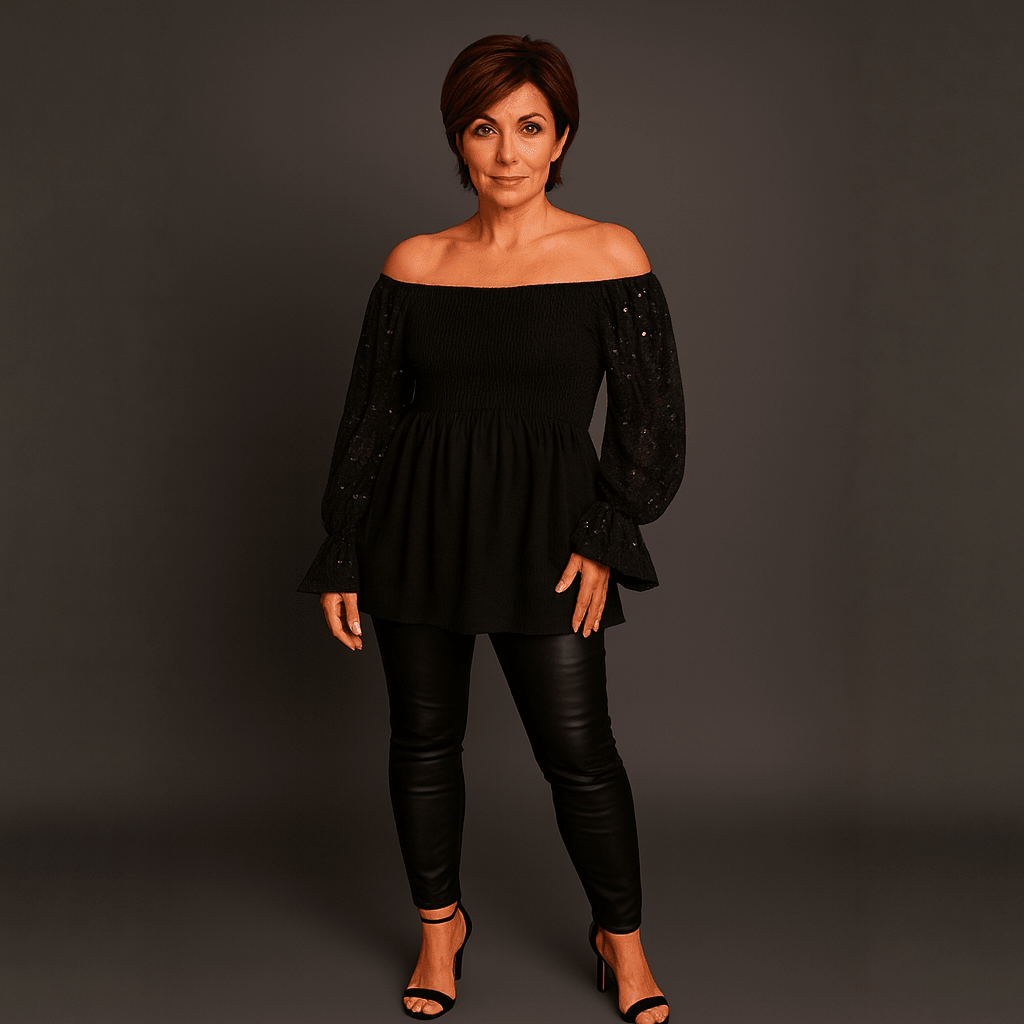 Sequin Sleeve Smocked Front Peplum Party Top
