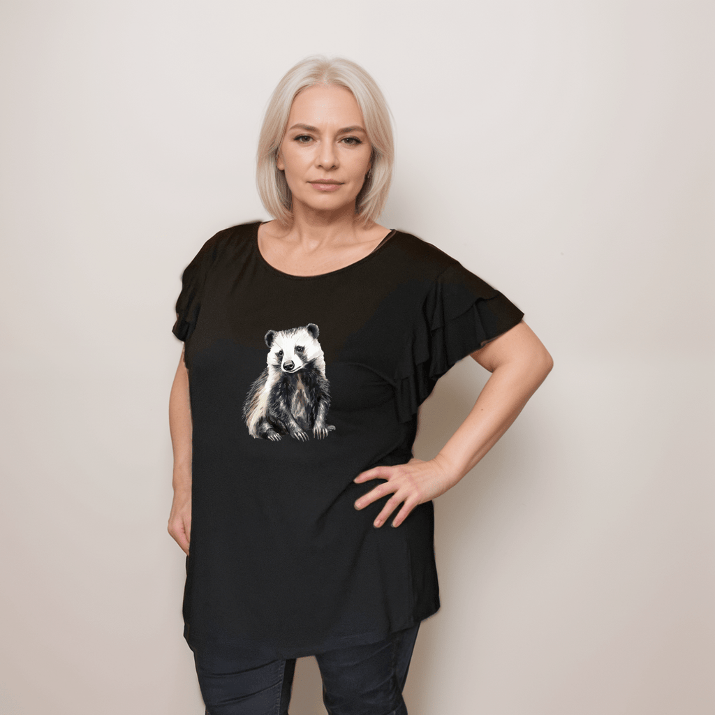 Plus‑Size Black Loose Fitting Top with Badger & Frilled Sleeves