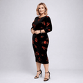 Black Red 3/4 Sleeve Stretch Velvet Midi Dress