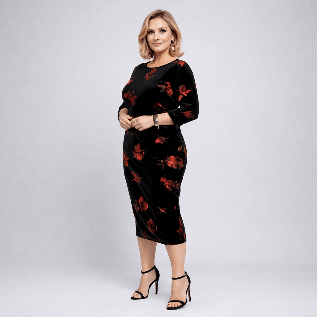 Black Red 3/4 Sleeve Stretch Velvet Midi Dress