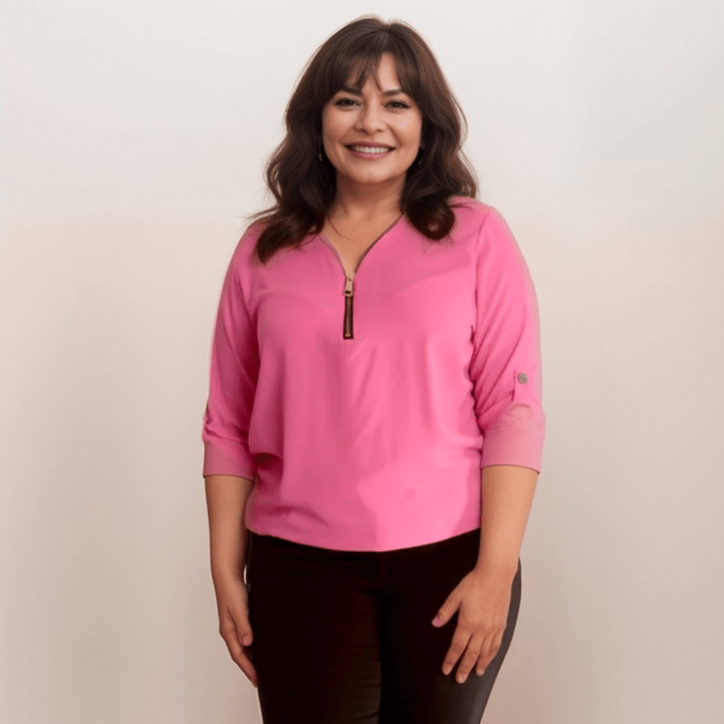 DIPPED HEM BATWING BLOUSE WITH ZIP V-NECK