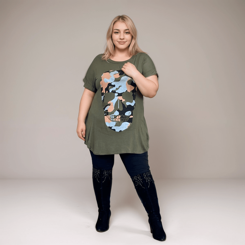 Dipped Hem Short Sleeve Glitter Skull T-Shirt