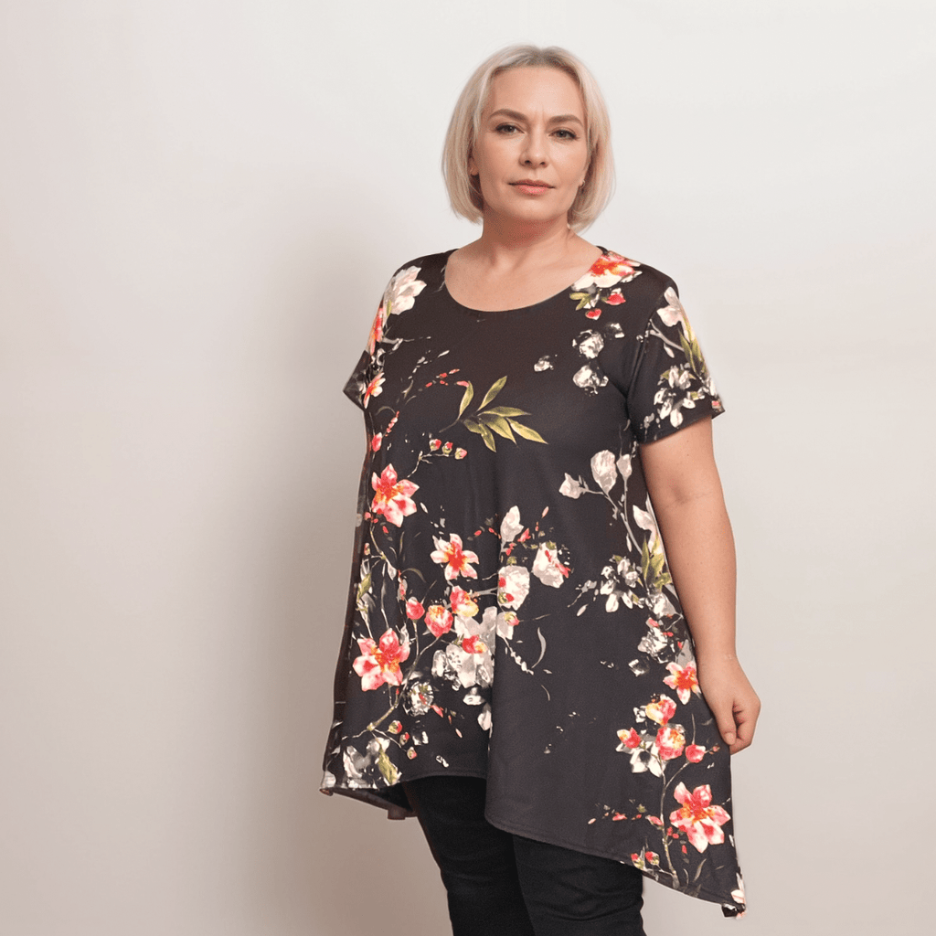 Plus‑Size Black Floral Crepe Swing Top with Hanky Hem