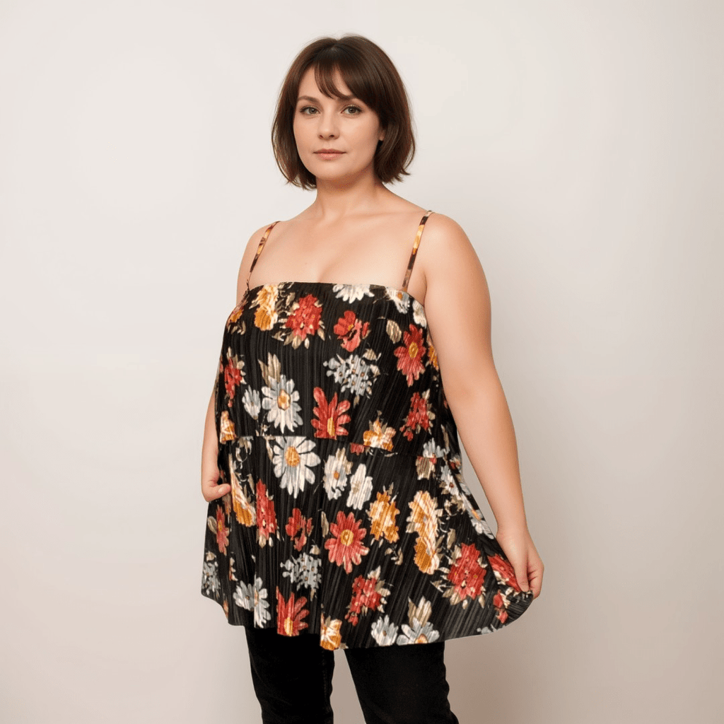 FLORAL PLEATED STRAPPY LAYERED CAMI TOP