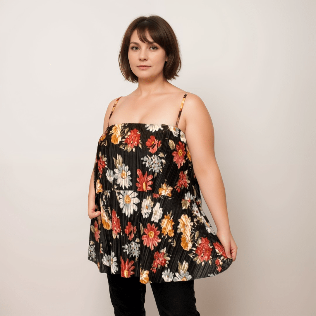 FLORAL PLEATED STRAPPY LAYERED CAMI TOP
