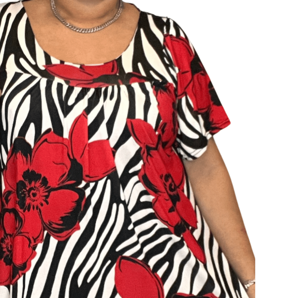 ROCKTHOSECURVES RED WHITE BLACK SWIRL SHORT SLEEVE A-LINE SMOCK TOP