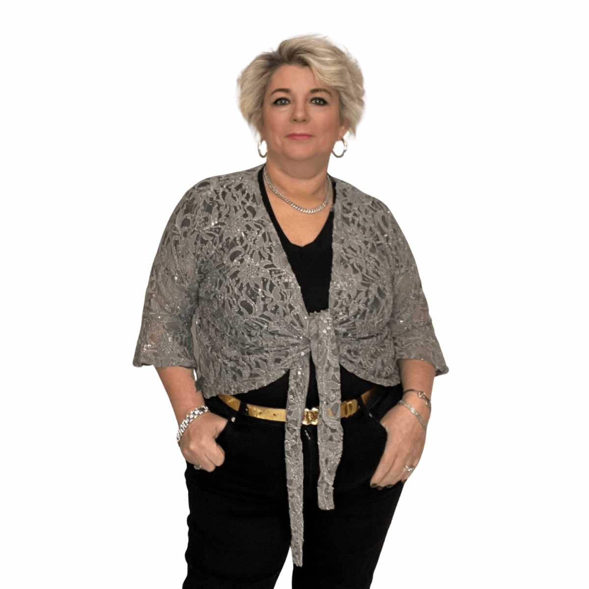 ROCKTHOSECURVES SEQUIN LACE 1/2 BELL SLEEVE TIE FRONT SHRUG / BOLERO JACKET