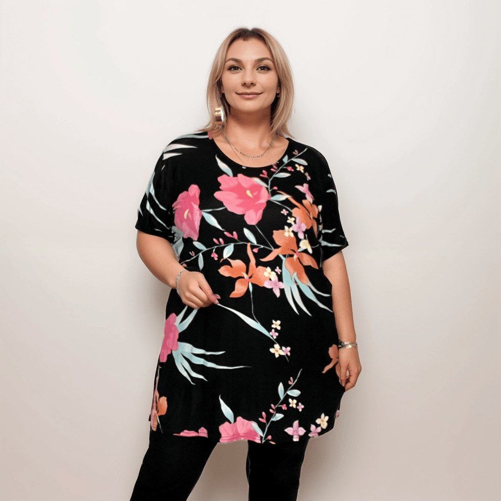 BLACK TROPICAL LONG LENGTH SHORT SLEEVE T-SHIRT