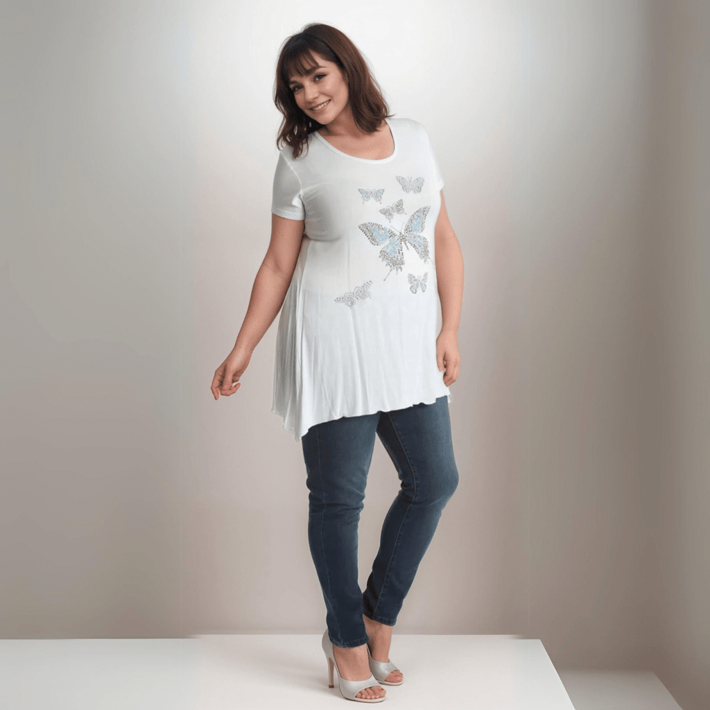 ROCKTHOSECURVES FLARED HEM STUDDED BUTTERFLIES LONG TOP