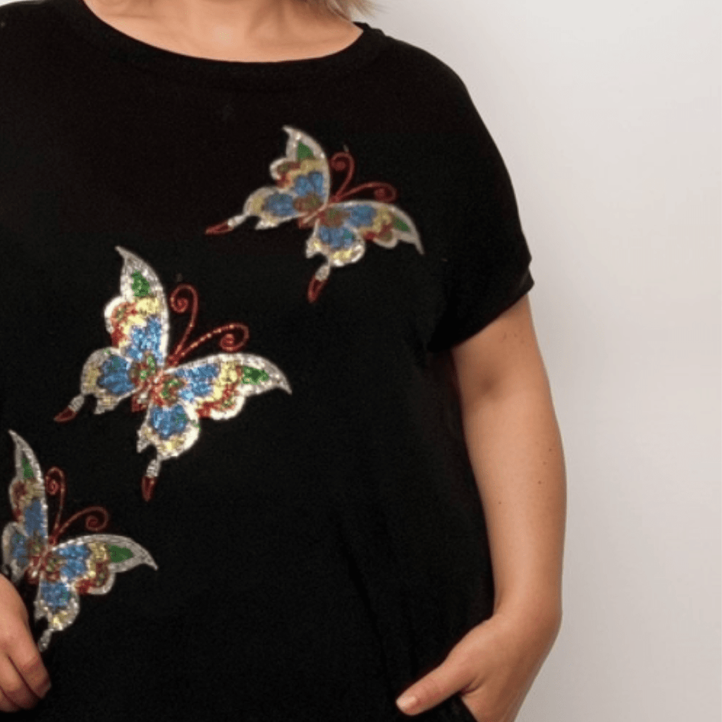 Sequin Butterfly Dipped Hem Top with Pockets