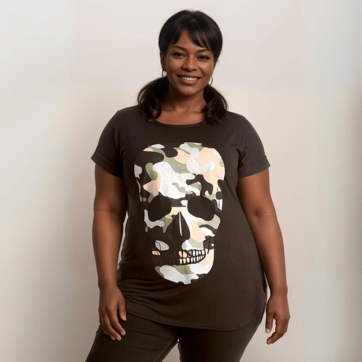 Dipped Hem Short Sleeve Glitter Skull T-Shirt