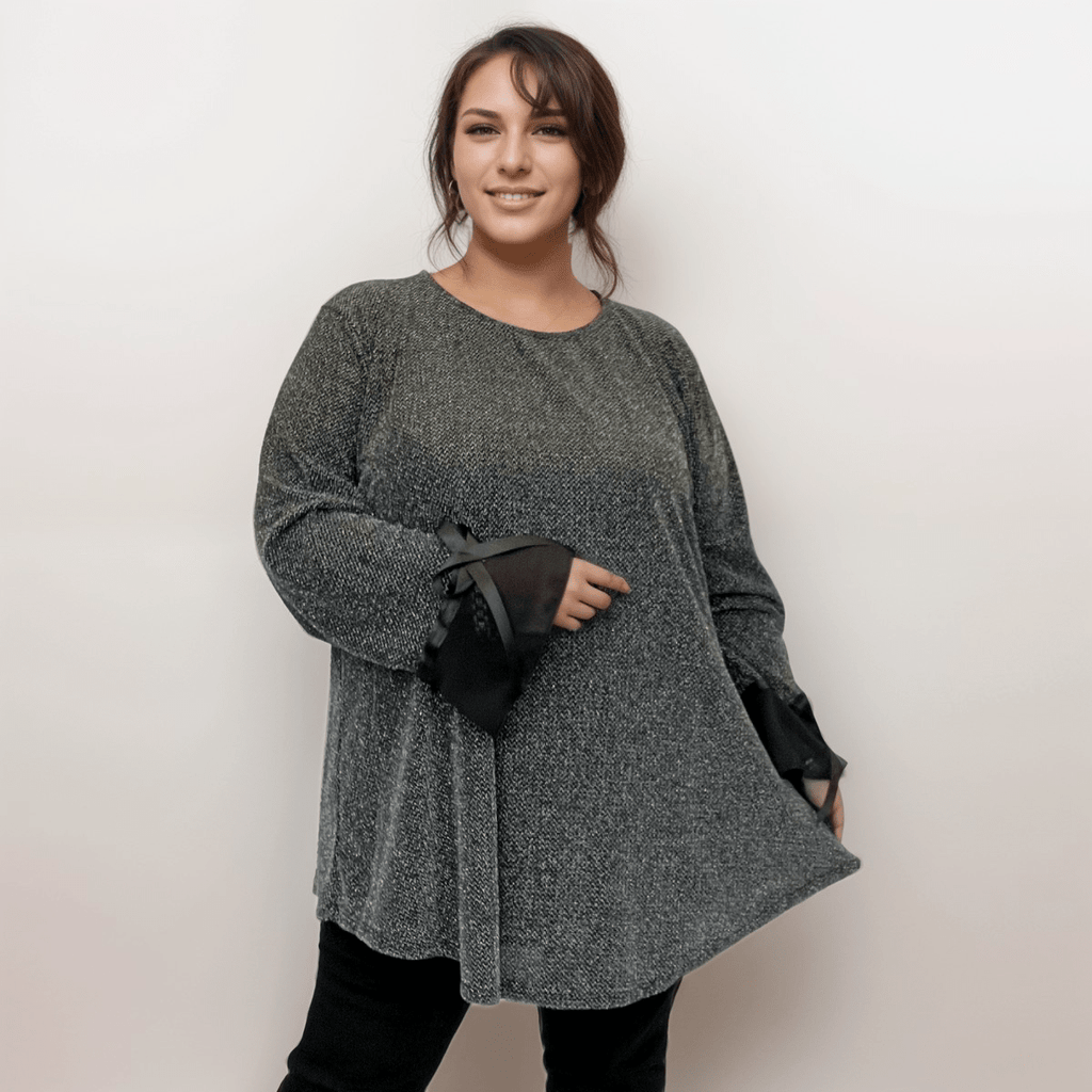 ROCKTHOSECURVES SPARKLY SHIMMER DIPPED HEM TOP WITH BOW CUFFS
