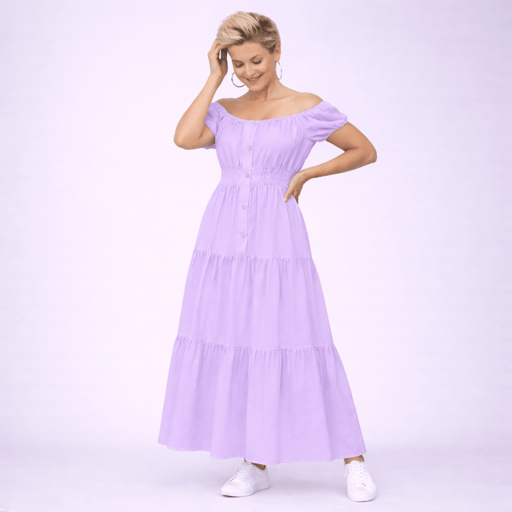 Off Shoulder Elastic Waist Gypsy Style Maxi Dress