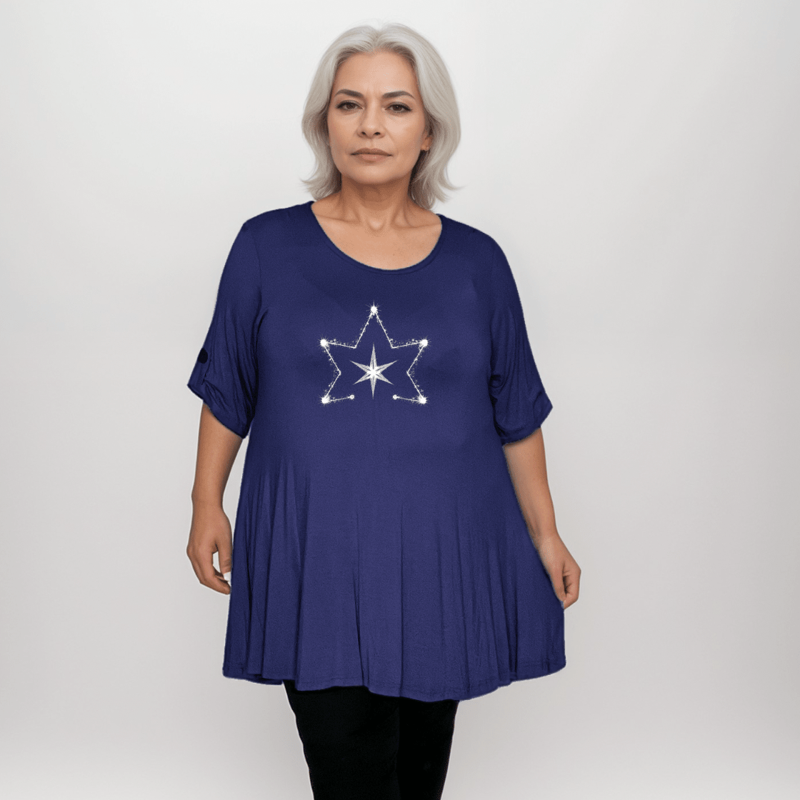 Double Star Plus-Size Button Sleeve Swing Top