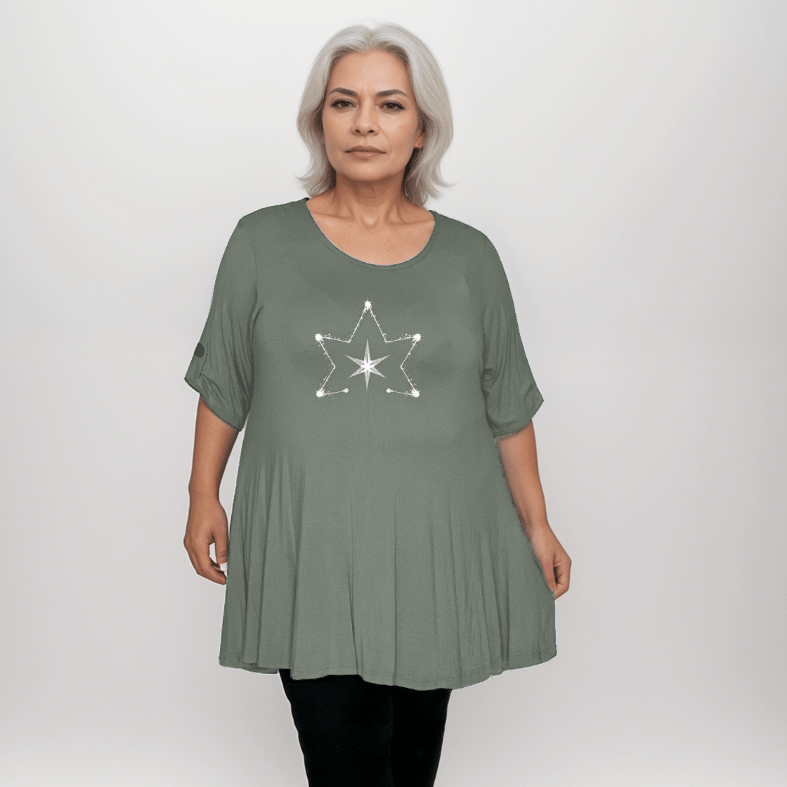 Double Star Plus-Size Button Sleeve Swing Top