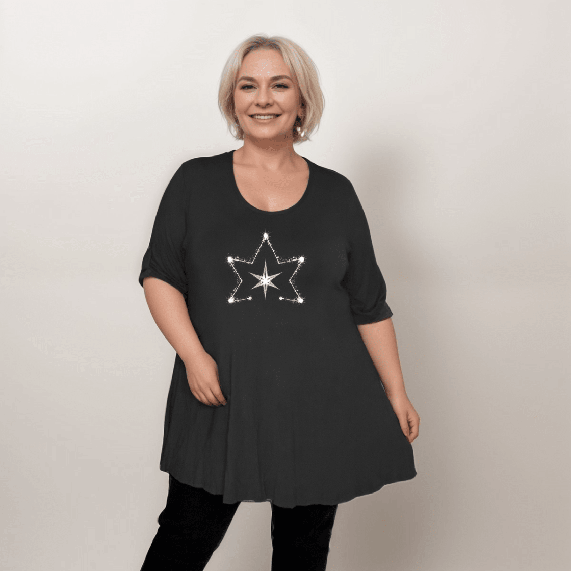 Double Star Plus-Size Button Sleeve Swing Top
