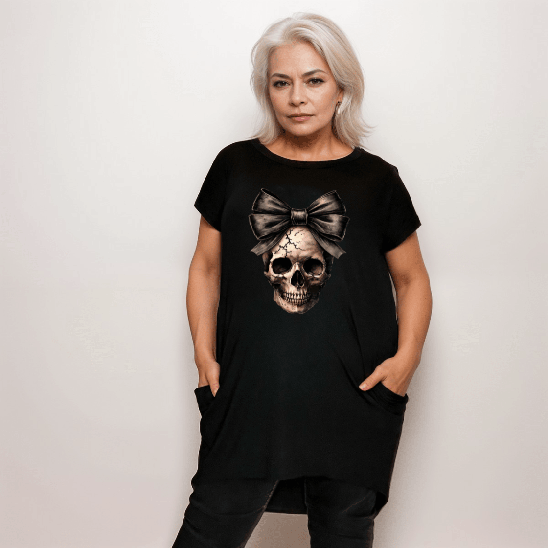 Long Skull with Bow T-Shirt with Side Pockets