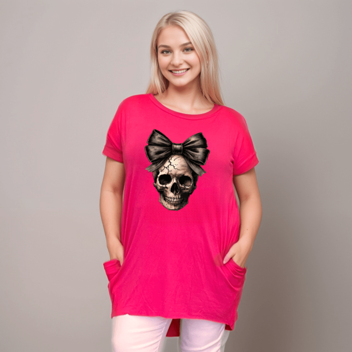 Long Skull with Bow T-Shirt with Side Pockets
